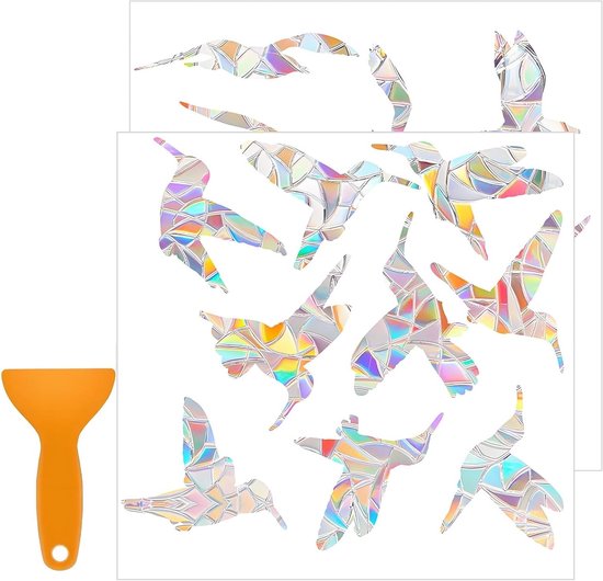 Prisma raamstickers voor vogelbescherming, kleurrijke raamafbeeldingen en regenboogfolie met kunststof spatel
