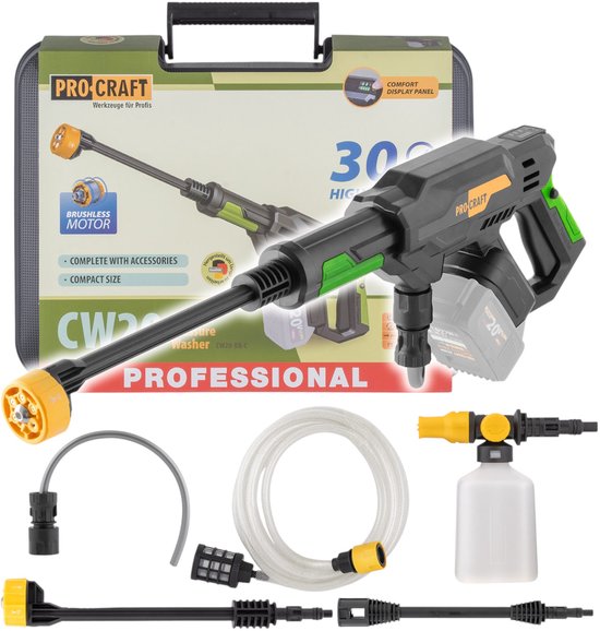 Procraft CW20bb accu hogedrukreiniger 20 V 30 bar 180 l/u borstelloos + koffer - zonder accu, zonder oplader van Merkloos	