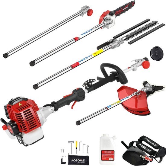 Professionele Bosmaaier – Benzine – Kantenmaaier Draadloos – Grastrimmer – 39CM Snijbreedte – Complete Set – 6 Opzetstukken – Met Gereedschap – Rood van VONROC