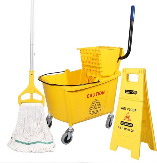 Professionele Dweilmachine Set: 35L Dweilwagen met Zijpers, Dweil en Veiligheidsbord van Vileda