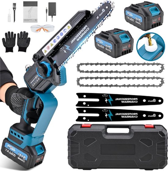 Professionele Mini Kettingzaag - Met Accu - Electrisch - Complete Set - 8000mAh Batterij - Multifunctioneel Gebruik - 1200W - Blauw van Pro