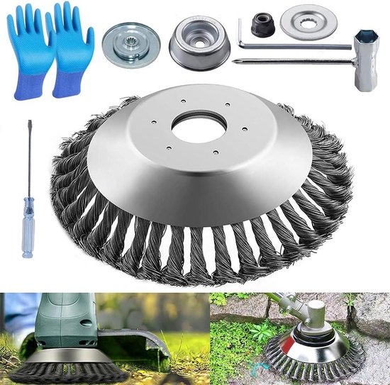 Professionele onkruidborstel 8 inch voor grastrimmer - 254 mm boring - inclusief installatieaccessoires Onkruidborstel van Merkloos	