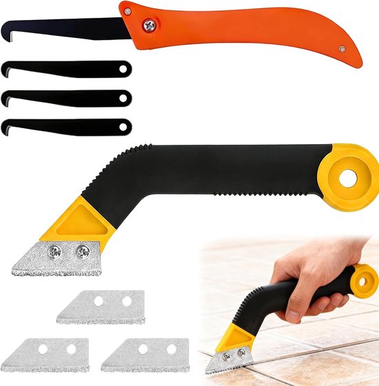 Professionele Voegverwijderaar met Gebogen Voegreiniger en 8 Reservemesjes voor Tegels, Ideaal voor Badkamer, Keuken en Vloerreiniging