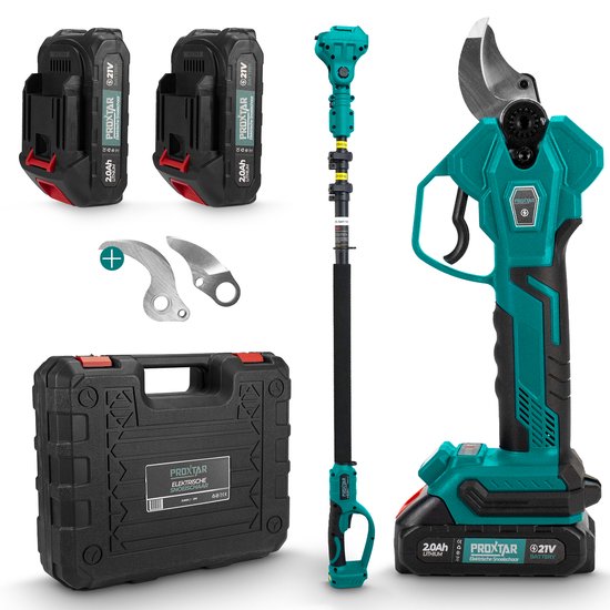 ProXtar Elektrische Snoeischaar Met Extension Pole - 35mm Snijdiameter - Takkenschaar - Accu Snoeischaar - Heggenschaar - Inclusief Opberkoffer, 2 Accu's & Reserve Set Snoeimessen van ProXtar