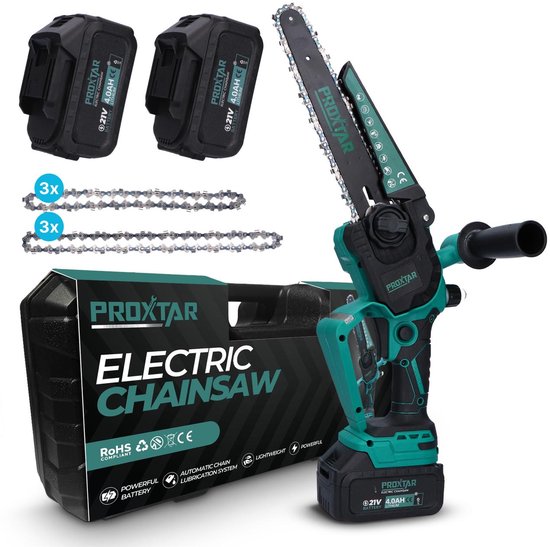 ProXtar Mini Kettingzaag – Kettingzaag – Snoeizaag – Takkenzaag – Handzaag – 6 & 8 Inch Zaagblad – 2x 4000 mAh Accu – Inclusief Opbergkoffer & 6 Kettingen – Automatische Kettingsmering – Brushless van ProXtar
