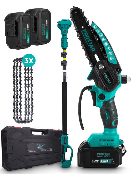 ProXtar Mini Kettingzaag met Extension Pole 6 Inch- Kettingzaag - Snoeizaag - Takkenzaag - Handzaag - Inclusief Opbergkoffer, 2 Accu's & 3 Kettingen - Automatische Kettingsmering - Brushless van Merkloos	