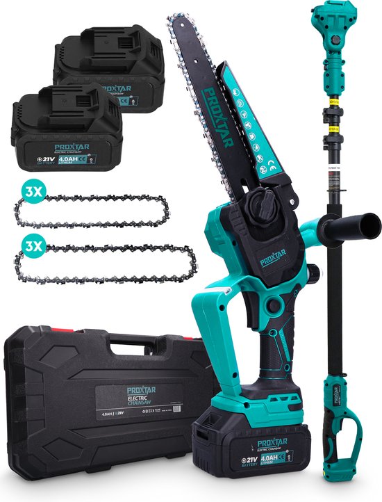 ProXtar Mini Kettingzaag + Telescopische Steel – Kettingzaag – Snoeizaag – Takkenzaag – Handzaag – 6 & 8 Inch Zaagblad – 2x 4000 mAh Accu – Inclusief Opbergkoffer & 6 Kettingen – Automatische Kettingsmering – Brushless