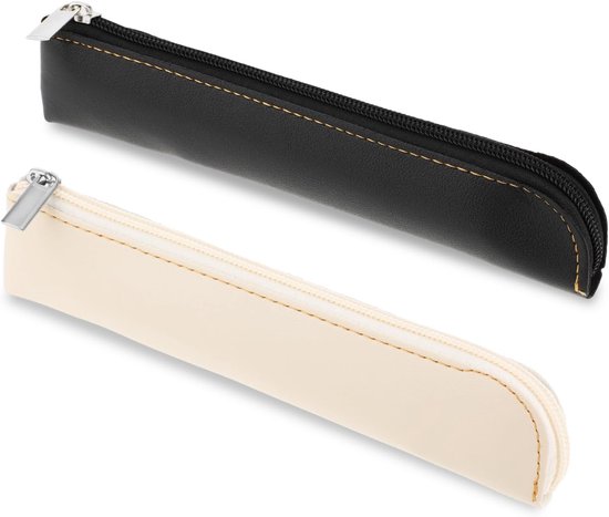 PU Lederen slanke etui, 2 stuks kleine pennenetui voor 4-6 pennen draagbaar briefpapier zakje cosmetische tas minimale make-up organizer rits opbergtas voor reizen zakelijk (zwart + wit)