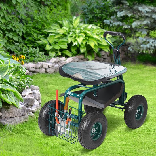 Pugsdrly Trolley Rolling Werkstoel met Wielen, Tuinbank voor Planten, 360 Graden Draaibare Zitting, Scooter met Stuurhendel en Dienblad voor Patio, Tuin en Buiten, Groen van Pugsdrly