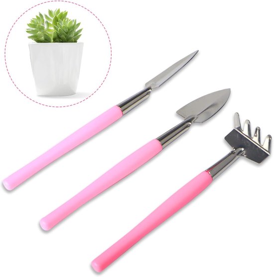 PULUZ 3-delige tuingereedschapset, roestvrij staal tuingereedschap schop hark spade, mini tuin handgereedschap voor vetplanten potplanten bloemen, handtuingereedschap voor tuinders (roze van Merkloos	