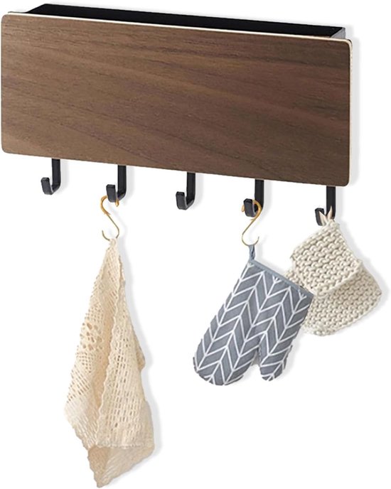 Qcwwy Wooden Key Holder Mail Organizer Drilling Wall Mounted Key Rack 5 Hooks Mail Organizer for Wall Decorative Fits for Entrance Door Home Decor (Walnut Wood Color) van Merkloos	
