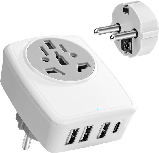 QIMEI-SHOP Reisadapter Duitsland reisstekker reisadapter wereldwijd naar Europa Schuko stekker adapter met 3 USB 1 type C voor USA Amerika Engeland Australië Thailand wit van Merkloos	