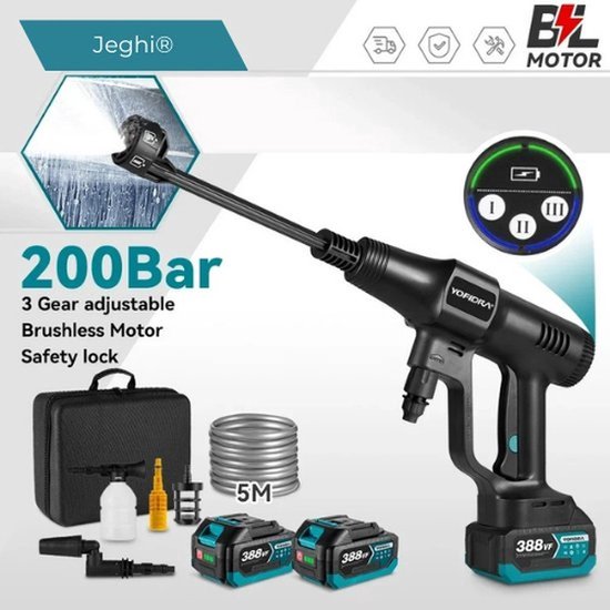 QPFO® Accu hogedrukreiniger 6-in-1 – Draadloze hoge drukspuit – 200 bar – 3 standen – Inclusief 2x 18V accu en 5m waterslang van Merkloos	