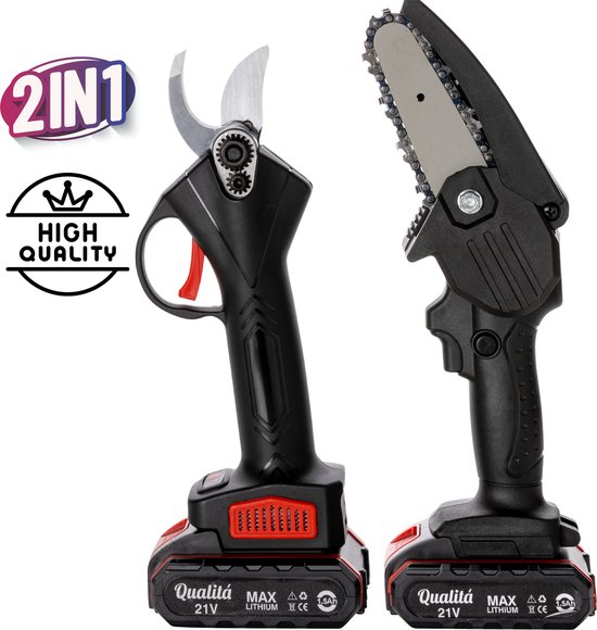 Qualitá® Elektrische Snoeischaar - 2 in 1 Mini Kettingzaag - Bloemenschaar, Takkenschaar, Heggenschaar Elektrisch - 2 Accu's met Acculader - Incl. Opbergbox Tuin gereedschap van Qualitá