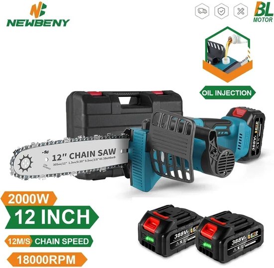 Quickshop Electrische Kettingzaag - 12 Inch Borstelloze Elektrische Zaag - Draadloze Draagbare Tuin Houtbewerking - Snijgereedschap Machine -inclusief 2 Batterijen ook voor Makita 18V Batterij van Merkloos	