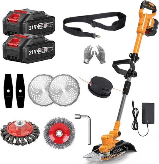 QUOVO® Onkruidborstel Electrisch - Onkruidborstel Machine - Voegenborstel - Bosmaaier Set - Kantenmaaier - Onkruidverdelger - Grastrimmer Met Accu - Incl: Accu, Zaagbladen, Messen En Oplader- Oranje- 90cm x 15cm x 13 cm van Quovo