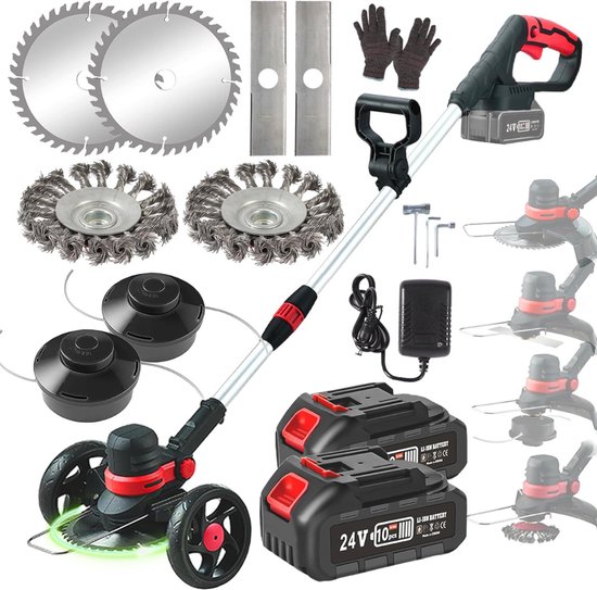 QUOVO® Onkruidborstel Electrisch - Onkruidborstel Machine - Voegenborstel - Bosmaaier Set - Kantenmaaier - Onkruidverdelger - Grastrimmer Met Accu - Incl: Accu, Zaagbladen, Messen En Oplader - Zwart/Rood - 90cm x 15cm x 13cm van Quovo