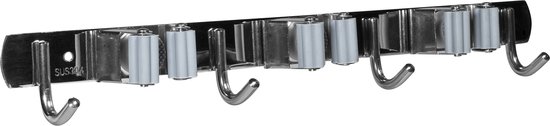 QUVIO Bezemhouder - Bezemophangsysteem - Steelhouder - Bezemklem - Steelklem - Tuingereedschap - Ophanghaken - 3 klemmen - 4 haken - Grijs - Zilver - RVS - Siliconen - 4 x 37,5 x 4,5 cm van QUVIO