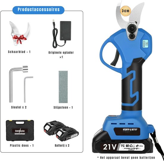 Quvo® Professionele Elektrische Snoeischaar – Takkenschaar 30mm – Electrische Snoeischaar met Accu 2x - Blauw - 34cm x 26cm x 1cm van Merkloos	