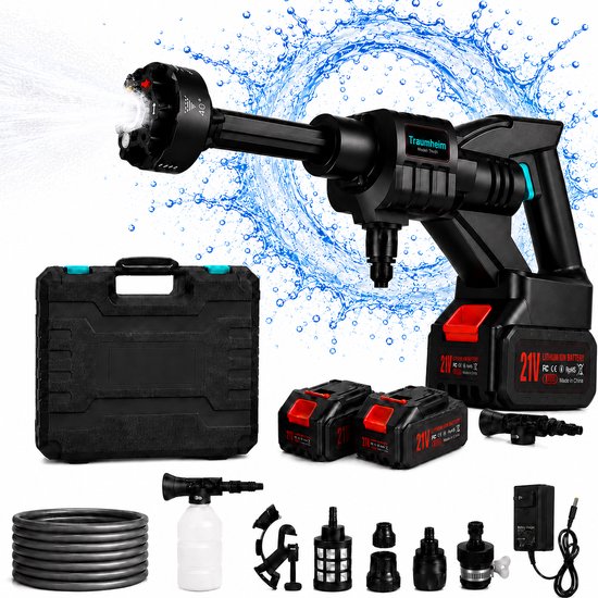 r draagbare hogedrukreiniger met 1500mAh batterij, 6-in-1 multi-sproeimondstuk 5M slang voor auto, terras, tuin, hek, zwembad