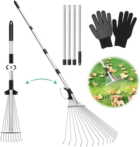 Rake with Handle and Gloves - Steel Leaf Rake for Cleaning Plants, Lawn, and Courtyards