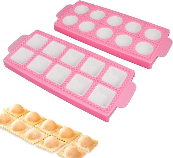 Ravioli Moulds met 10 Grids - 2 Stuks Ronde en Vierkante Moulds - Hoogwaardige Snijders en Dumpling Maker - Set voor het Maken van Ravioli en Dumplings (Roze) van Nocdinio