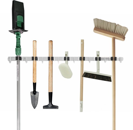 Recalma Bezemhouder - Gereedschapshouder Wand - Bezem Ophangsysteem Tuingereedschap - 304 RVS - 8 Haken 7 Klemmen - Zelfklevend & Schroef - Zilver van Merkloos	