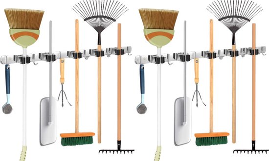 Recalma Bezemhouder - Set van 2 - Bezem Ophangsysteem - 6 Haken 5 Klemmen - Tuingereedschap Ophangsysteem - Gereedschapshouder - Zwart - 60 CM - RVS van Merkloos	