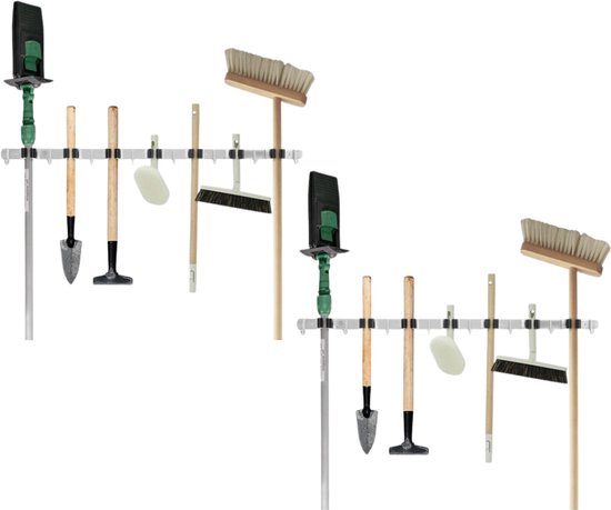 Recalma Bezemhouder Set van 2 - Gereedschapshouder Wand - Bezem Ophangsysteem Tuingereedschap - 304 RVS - 8 Haken 7 Klemmen - Zelfklevend & Schroef - Zilver van Recalma