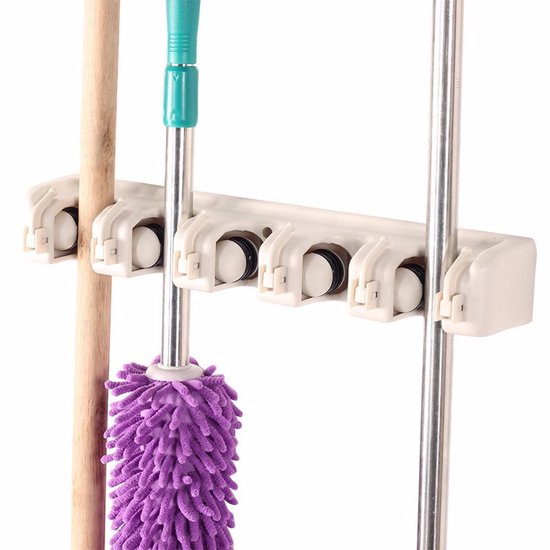 Rechthoekige, aan de muur te bevestigen organizer voor gereedschap en schoonmaakspullen, geschikt voor wasruimtes, keukens en garages, met 6 haken en 5 vakken.Beige