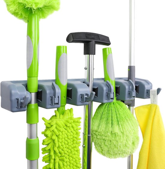 Rechthoekige, aan de muur te bevestigen organizer voor gereedschap en schoonmaakspullen, geschikt voor wasruimtes, keukens en garages, met 6 haken en 5 vakken.Grijs van Merkloos	