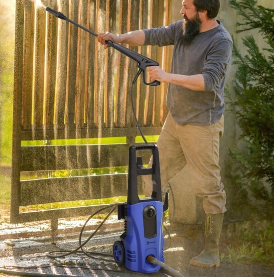 REDOM - Hogedrukreiniger - 1800 W motor - 150 bar werkdruk - 510 l/h - 6 m slang - Met wielen - Aluminium - Blauw - 35 x 27 x 78 cm