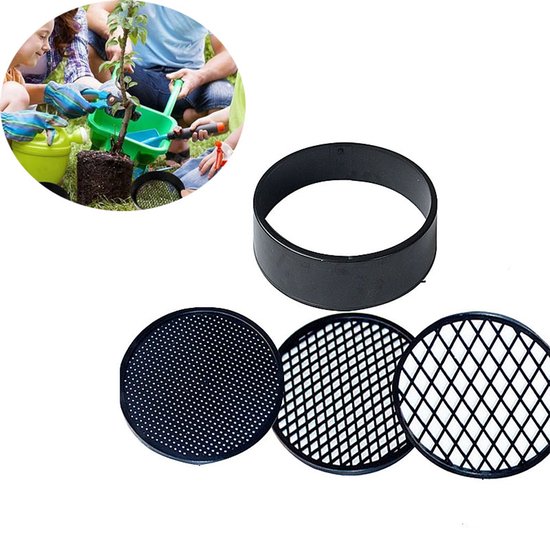 Regelbare tuinzeef van kunststof-Tuinzeef in verschillende maasgroottes-Kunststof tuinzeef - Tuinzeef Bodemzeef - Zandzeef - Rond - Zwart - voor huistuinplanten-11cm van Merkloos	