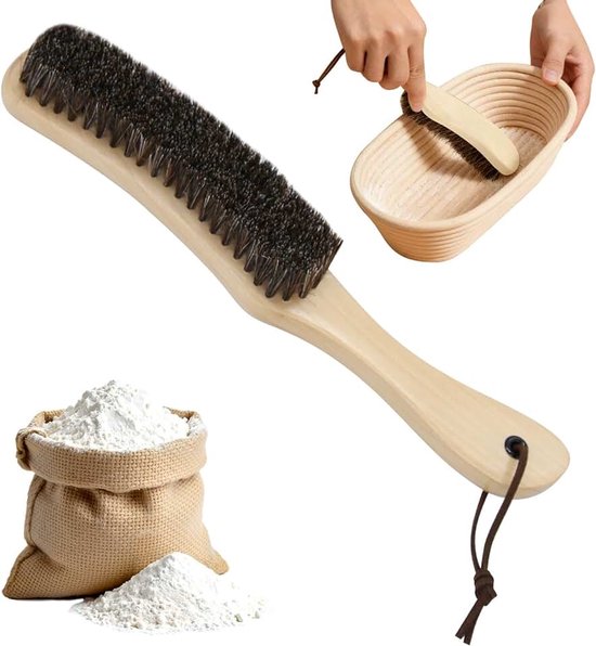 Reinigingsborstel voor broodrijsmandjes/aanrechtbladen/rijsmandjes van houtpulp/rijsdoek | Reinigingsborstel voor brood met natuurlijk paardenhaar en houten handvat | Essentiële benodigdheden voor