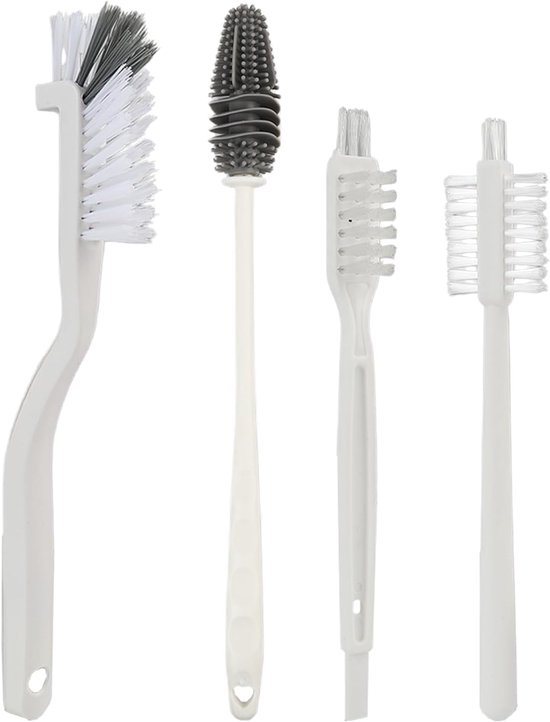 Reinigingsborstel voor keuken, 4 stuks, duurzame nylon borstelharen en ergonomische handgreep, ontworpen voor mixers, kopjes, flessen en hoeken, effectieve sleufborstel voor