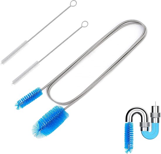 Reinigingsborstel voor leidingen met dubbele kop (2 m) + 2 buisborstels (20 cm) – Flexibele afvoerborstel voor leidingen, afvoeren, aquarium en huis (Blauw)