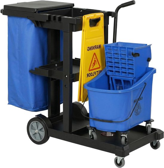Reinigingswagen met niveaus - Dweilwagen met pers - Efficiënt schoonmaken - Geïntegreerd afvalbeheer - 70 liter zak - Blauw