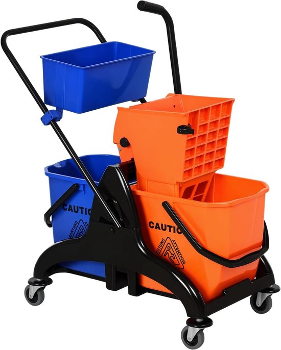 Reinigingswagen met Pers - Schoonmaak Trolley - Efficiënt Schoonmaken - Dubbele Emmer Systeem - 26 Liter Capaciteit - Oranje Blauw