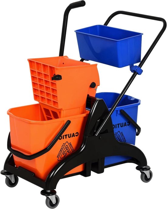 Reinigingswagen met Pers - Schoonmaakkar - Efficiënt Schoonmaken - Dubbele Emmer Systeem - 26 Liter Emmer - Oranje Blauw