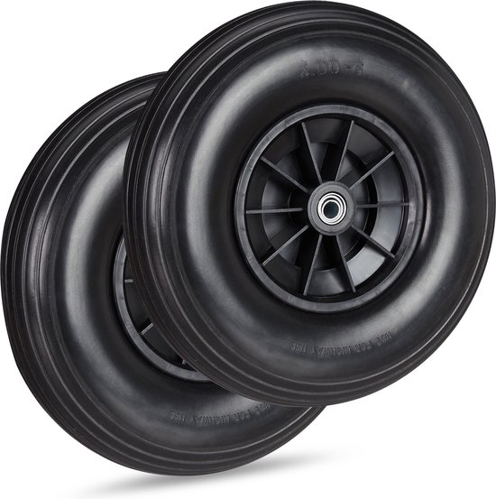 Relaxdays 2x kruiwagenwiel 4.00-6 - volrubber - anti-lek reservewiel - compleet - adapters van Relaxdays