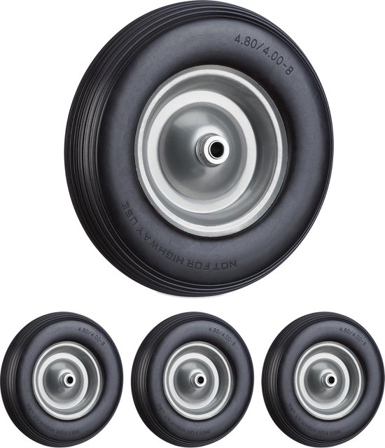 Relaxdays 4x kruiwagenwiel rubber - bolderwagenwiel + as - antilekband stalen velg - zwart van Relaxdays