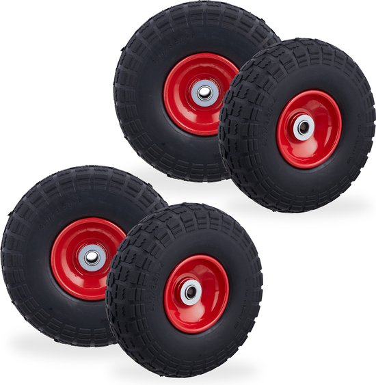 Relaxdays 4x steekwagenwiel - 4.1/3.5-4 - rubber - bolderkarwiel - antilek - zwart/rood van Relaxdays