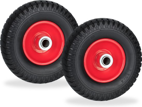 Relaxdays kruiwagenwiel - set van 2 - 2.50-4 - rubber - stalen velg - anti-lek - 80 kg - zwart-rood van Relaxdays