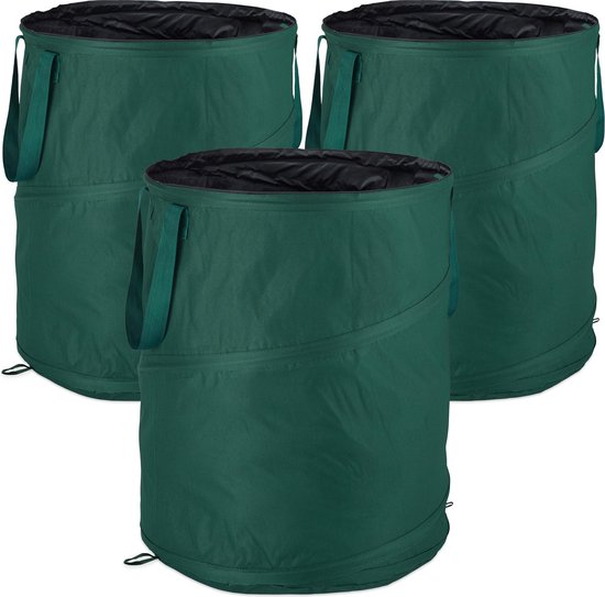 Relaxdays tuinafvalzak pop up - set van 3 - 160 liter - Ø 55 cm - voor onkruid - groen van Relaxdays