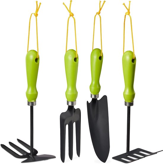 Relaxdays tuingereedschap set - 4-delig - bloemenschep, handhark, rooivork & schoffel - ijzer - ophangoogje van Relaxdays