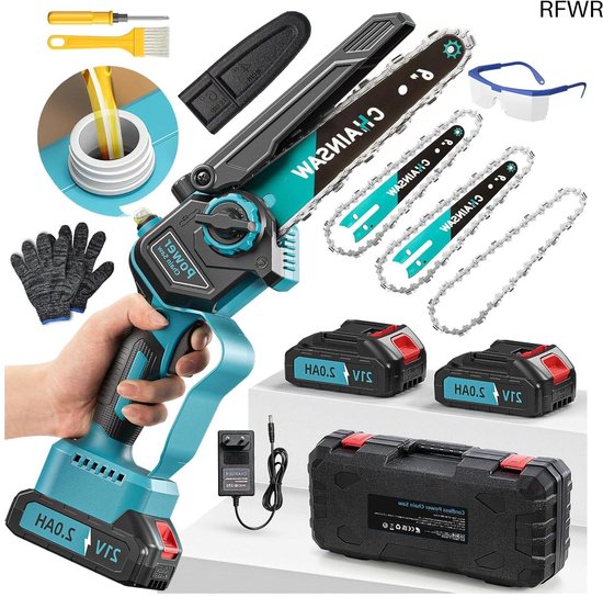 RFWR® Kettingzaag Accu 2000 mAh Mini Kettingzaag met 1000W Vermogen, 6 Inch Borstelloze Kettingzaag met Automatische Smeermachine en 3 Kettingen voor Tuinwerk van Merkloos	