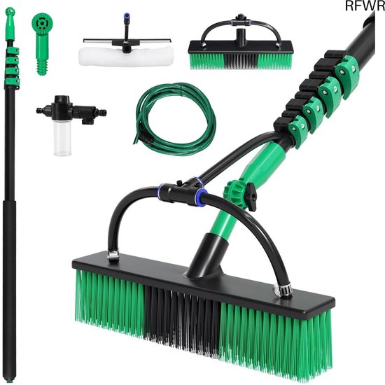 RFWR® Telescopische borstel met wateraansluiting 3,6 m – 2-in-1 wasborstel voor ramen, zonnepanelen en terrasreiniging van Merkloos	