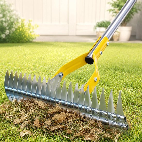 Rieten hark - grasontthatcher harken met 38 cm breed - 140 cm dode grasverwijderaar - verticuteerhark met verstelbare lengte handvat - verticuteerhark voor gazons - gras - losmakende grondreiging - bladeren