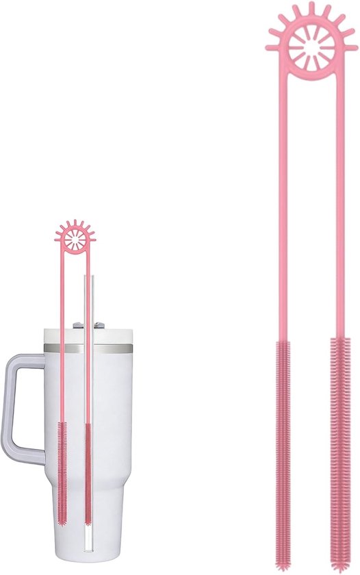 rietjesborstel, 2-in-1 dubbele borstel, rietjesborstels (6 mm + 9 mm), reinigingsborstel met buigbare stalen kern voor glazen rietjes, metalen rietjes, smoothierietjes en drinkbekers, roze