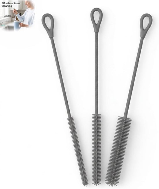 Rietjesborstel, 3 stuks, rietjesborstel 3/6/9 mm, herbruikbare reinigingsborstel voor glas, metaal, siliconen rietjes, goupillon fles, grijs